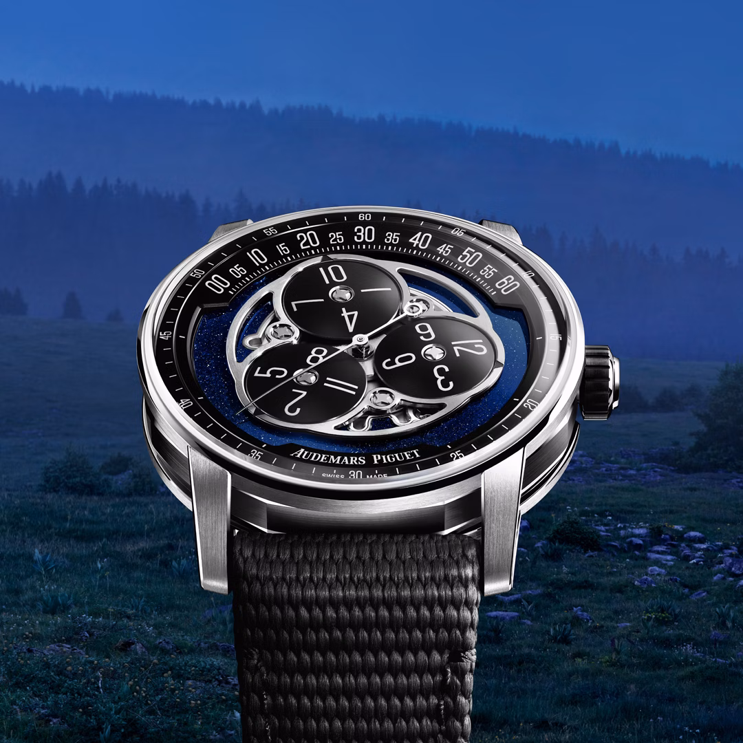 "Seek Beyond" Audemars Piguet campaign: The Code 11.59 by Audemars Piguet Starwheel watch against the backdrop of the Vallée de Joux.