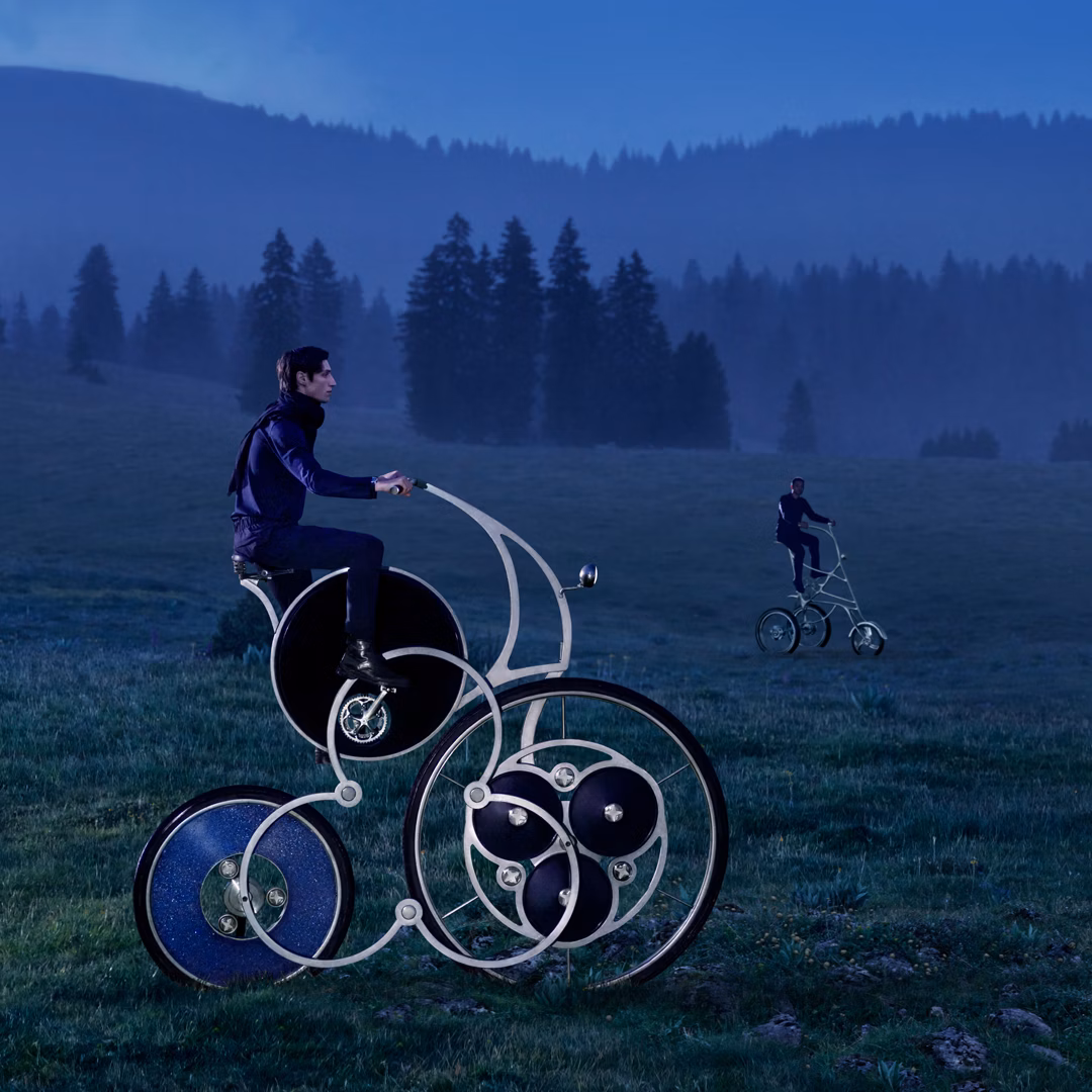 "Seek Beyond" Audemars Piguet campaign: People riding imaginary bicycles in the Vallée de Joux.