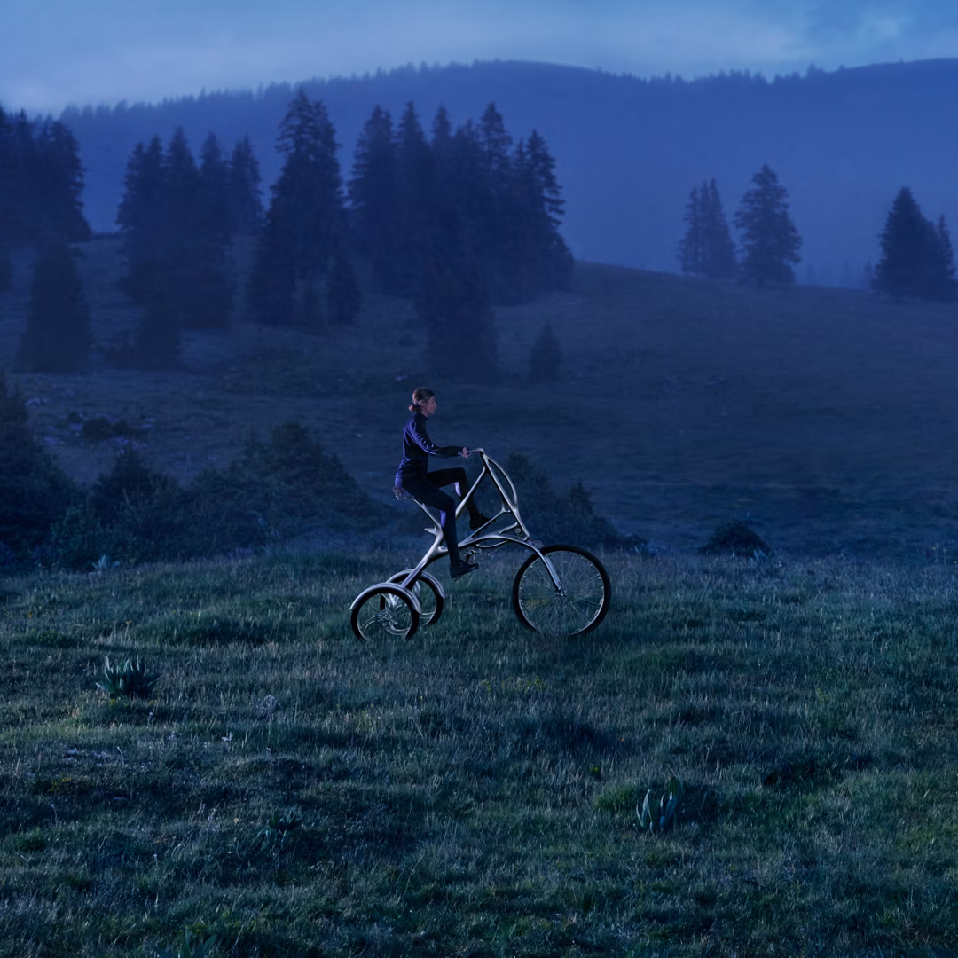 "Seek Beyond" Audemars Piguet campaign: A men riding an imaginary bicycle in the Vallée de Joux.