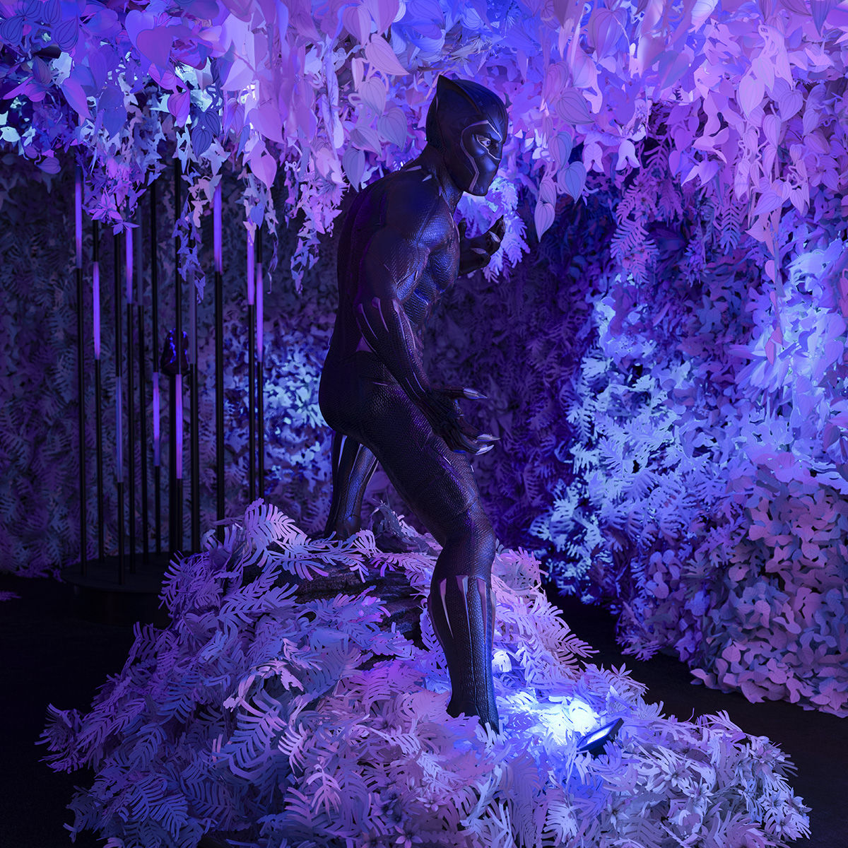 A statue of Black Panther in a room decorated in this theme