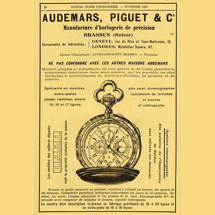 1904. Audemars Piguet Werbung mit einer Taschenuhr im Zentrum
