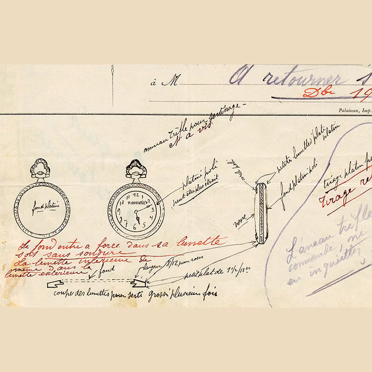 1913. Skizzen für eine Uhr, die gemeinsam mit Tiffany entworfen wurde