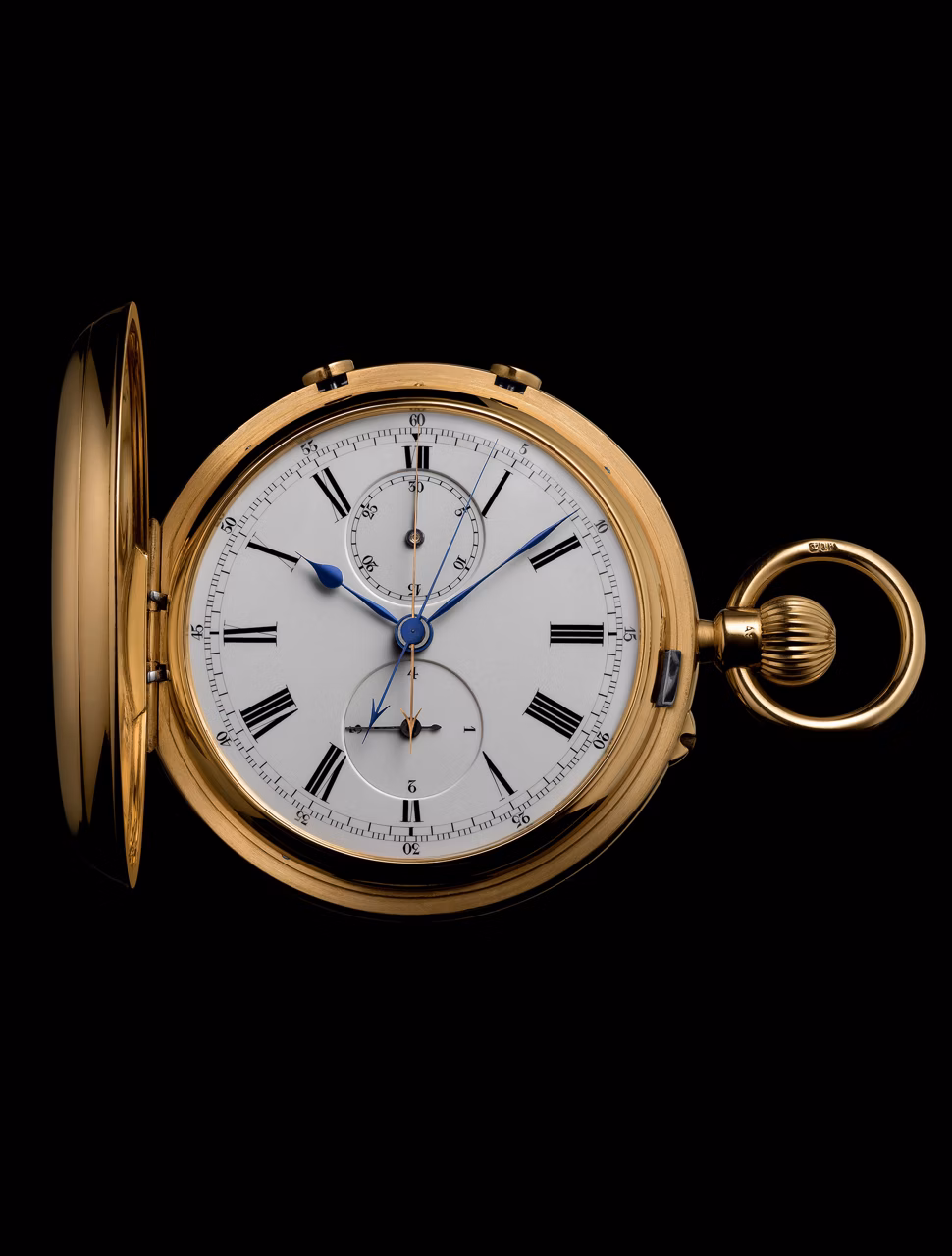 Gros plan d’une montre de poche chronographe.