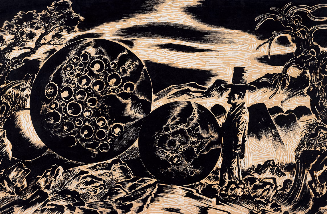 Una delle xilografie di Sun Xun che mostra un uomo in un paesaggio astratto