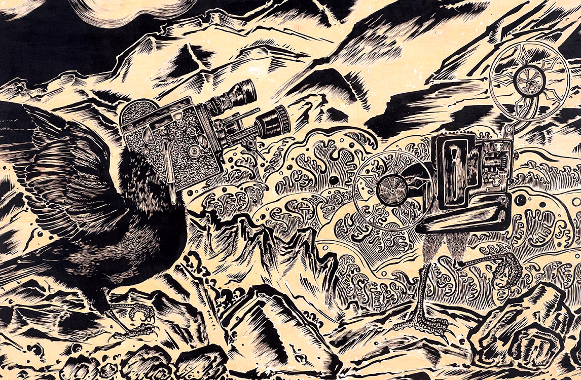 Una delle xilografie di Sun che mostra un uccello e videocamere in un paesaggio astratto