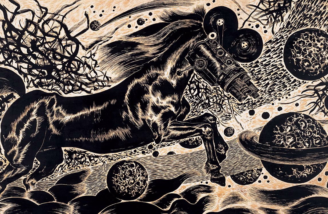 Una delle stampe xilografiche di Sun Xun costituita da una rappresentazione astratta di un cavallo circondato da pianeti