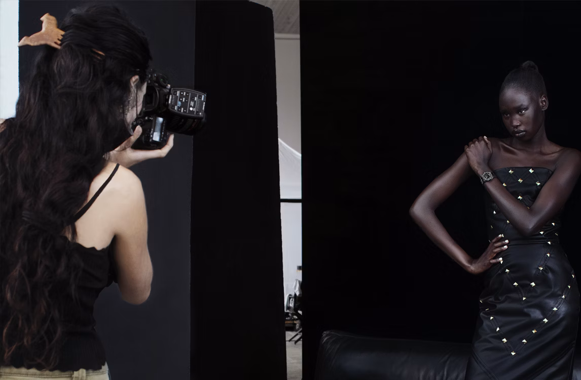 Harley Weir photographing a model wearing a Royal Oak Selfwinding