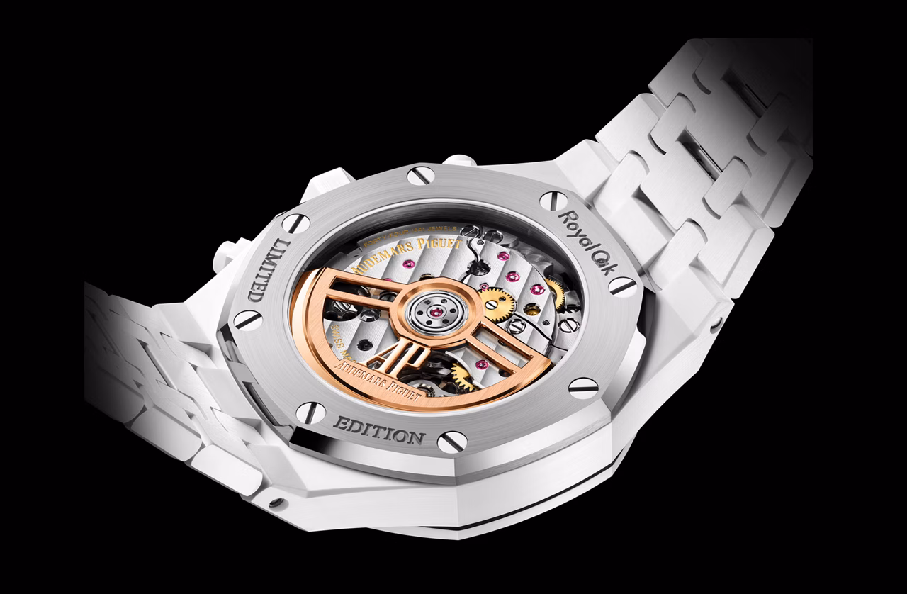 Caseback of the Royal Oak Chronograph 38 mm in white ceramic revealing calibre 6401