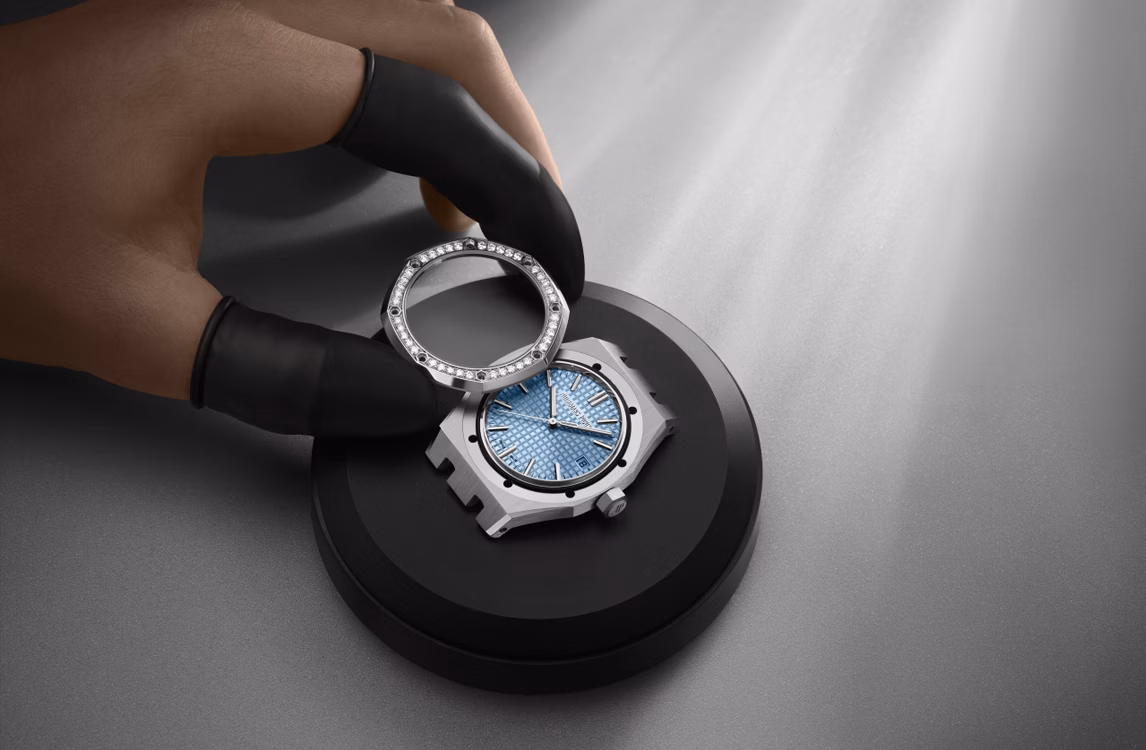 A Royal Oak watch being assembled by a watchmaker.