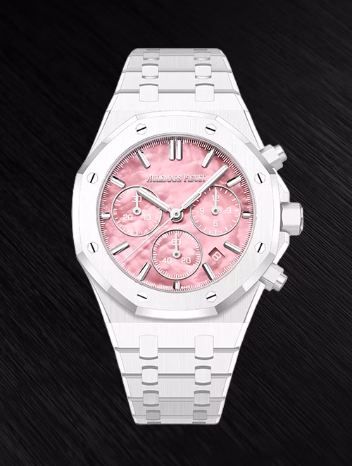 Close-up of the Royal Oak Chronograph 38 mm in white ceramic with pink-coloured mother-of-pearl dial