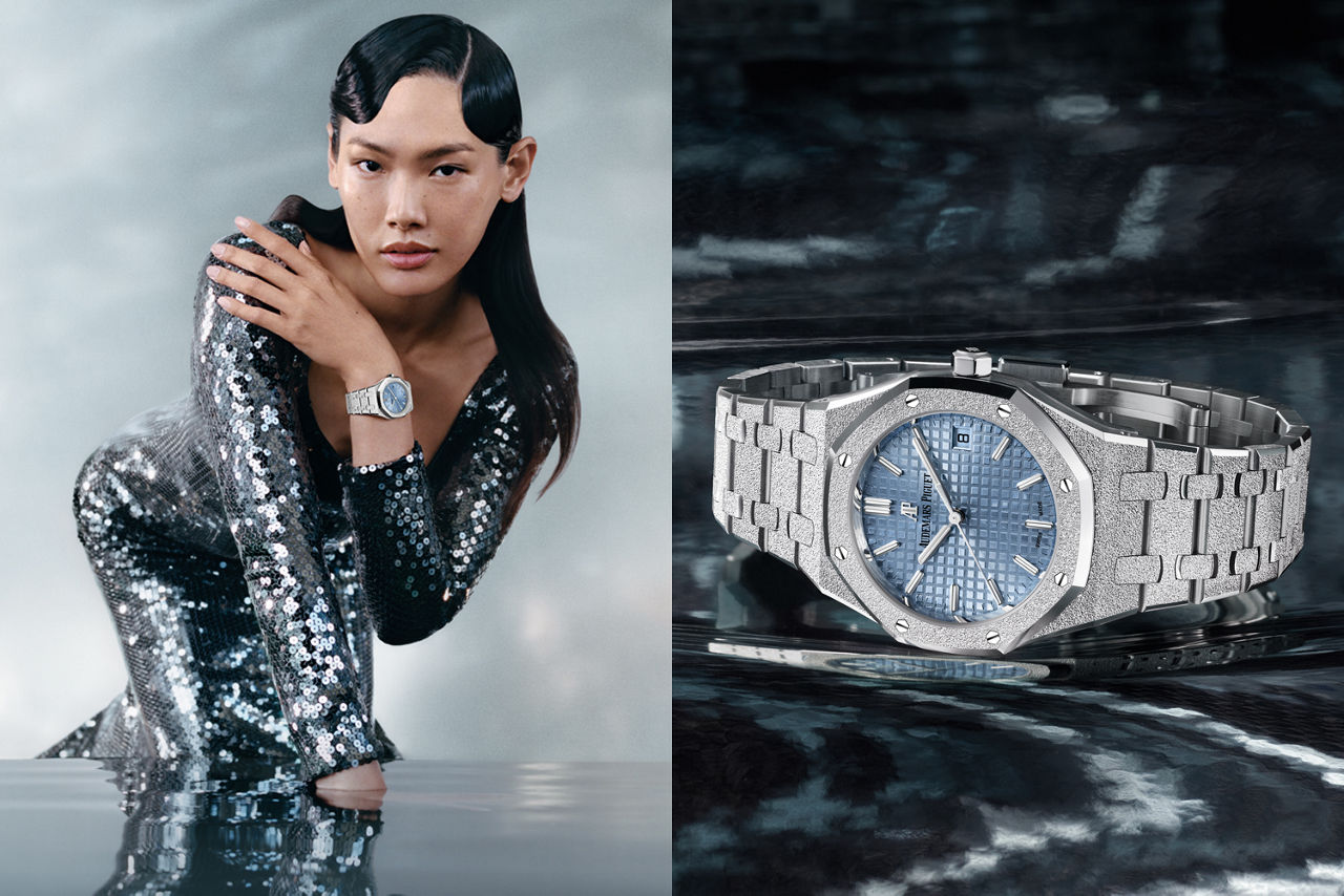 Composition of a close up shoot and a portrait of a model wearing a Royal Oak Frosted Gold Selfwinding