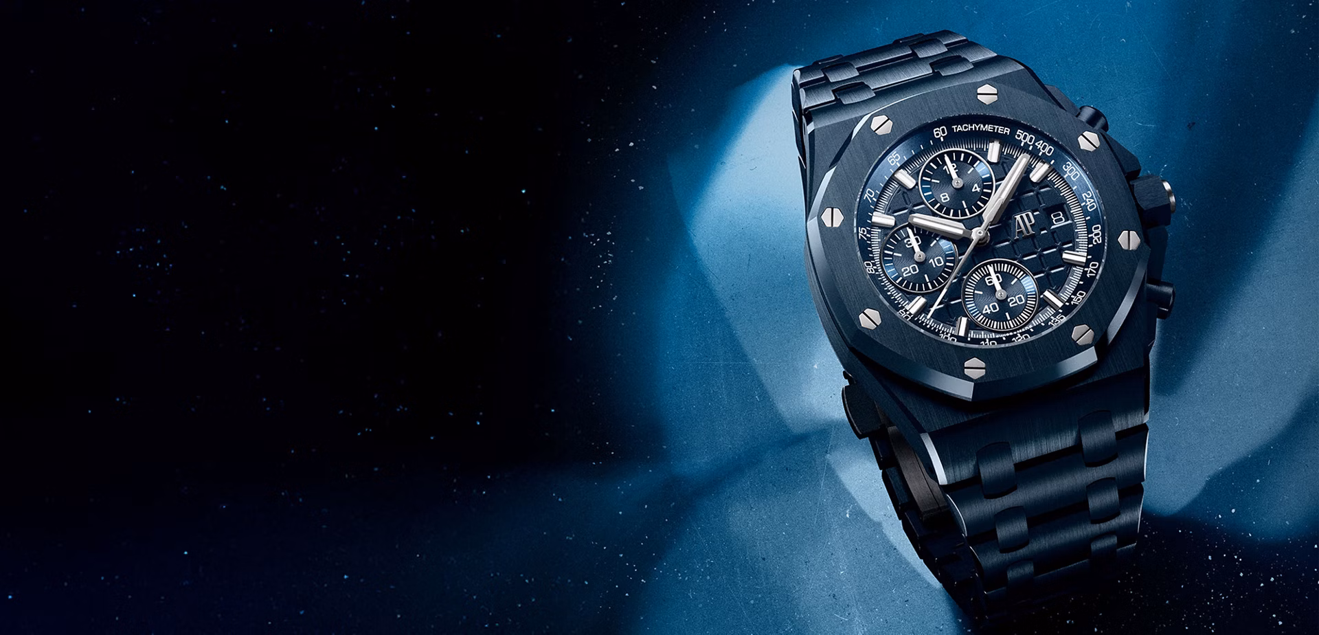 Close-up of the Audemars Piguet Royal Oak Selfwinding Perpetual Calendar crafted in “Bleu Nuit, Nuage 50” ceramic