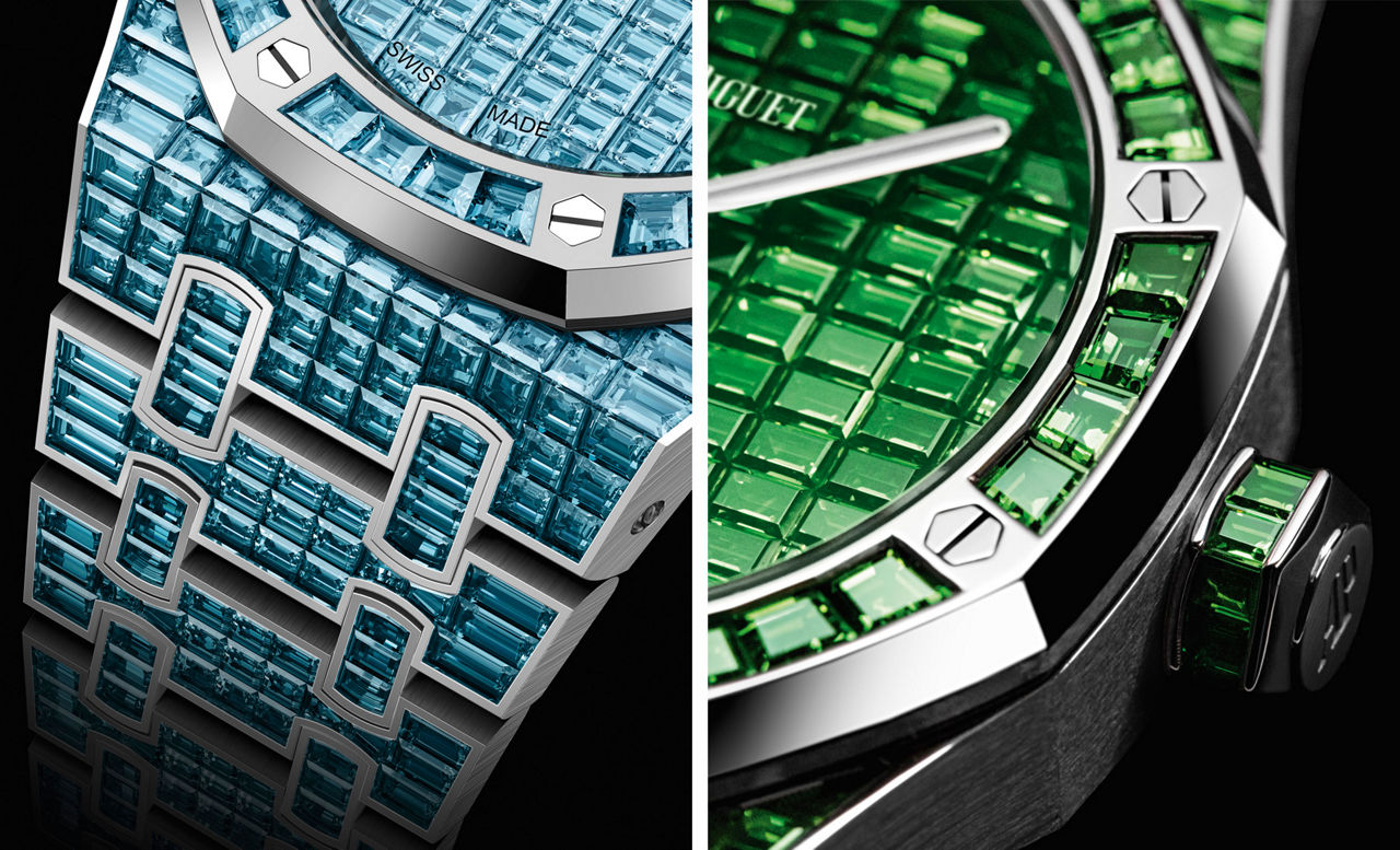 Vollständig mit blauen Topasen besetztes Armband einer Royal Oak in Nahaufnahme. / Vollständig mit blauen Tsavoriten besetztes Gehäuse einer Royal Oak in Nahaufnahme.