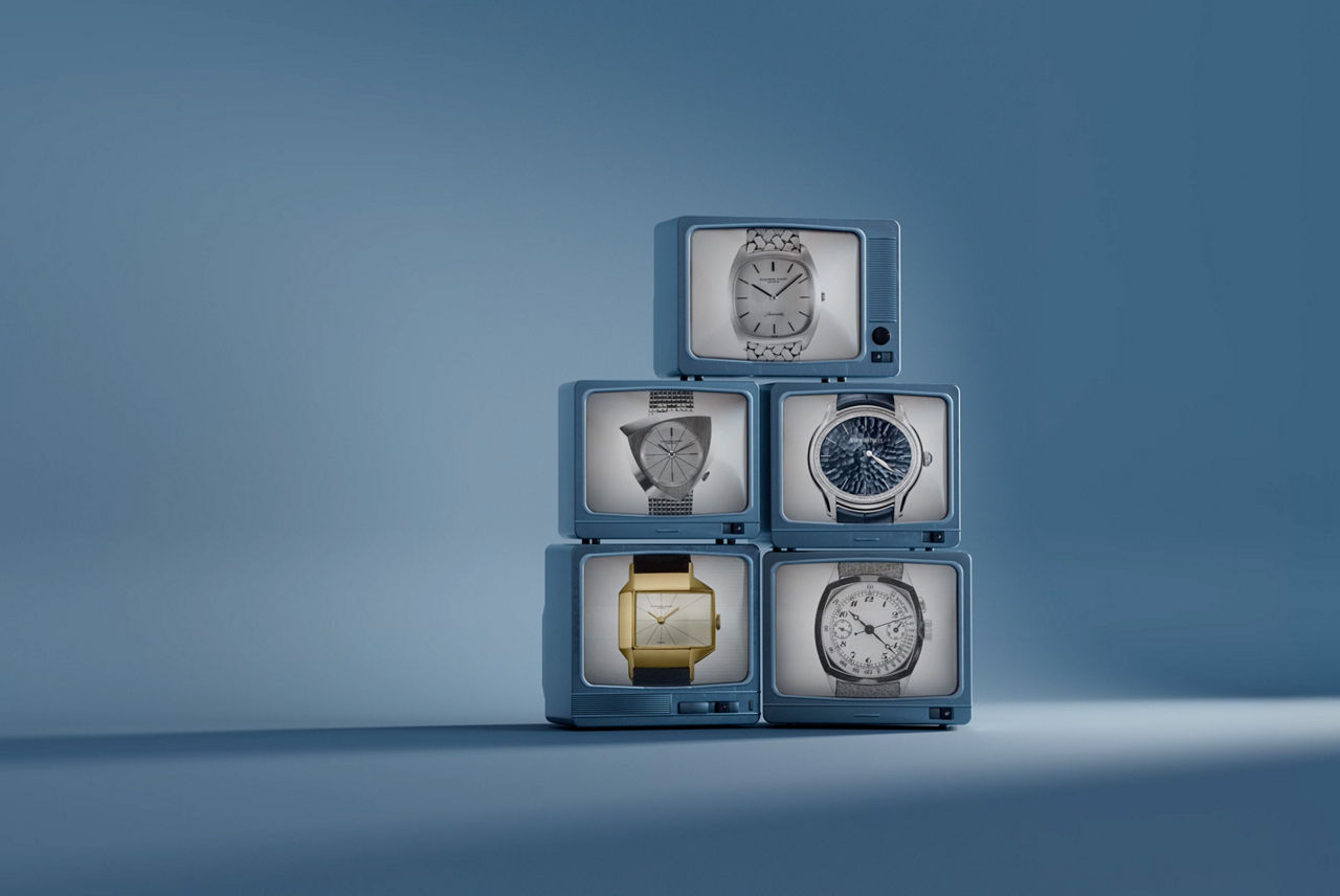Vintage TV's displaying watches with the tagline '150 Years of Creating Time'
