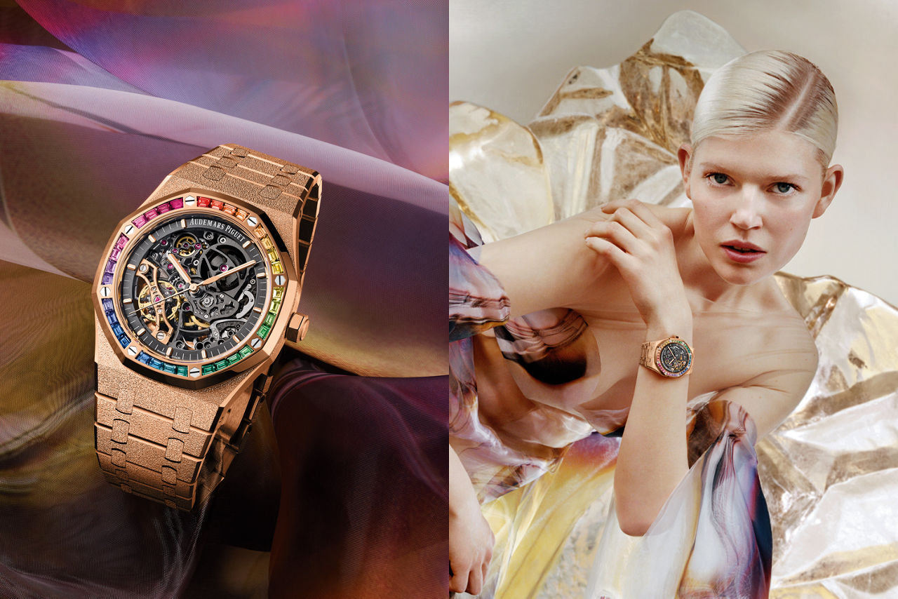 Composition of a close up shoot and a portrait of a model wearing a Royal Oak Frosted Gold Double Balance Wheel Openworked