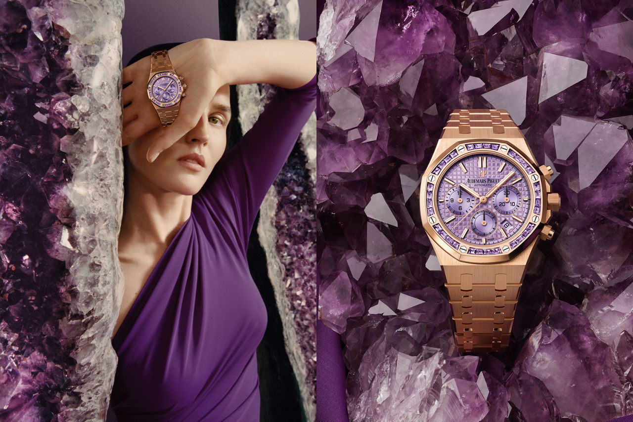 Composition of a close up shoot and a portrait of a model wearing a Royal Oak Selfwinding Chronograph