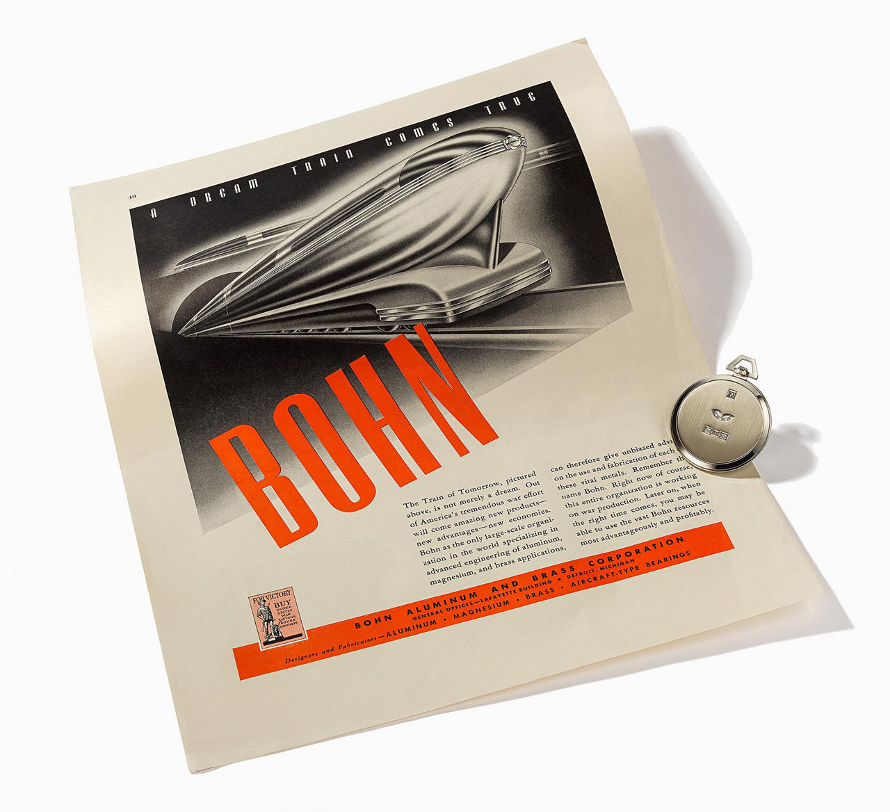 The magazine "Bohn Aluminum and Brass Corporation" and the Streamline pocket-watch from 1931 crafted from white gold