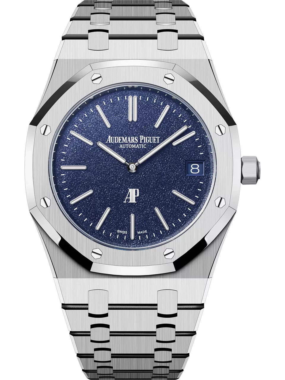 Side profile view of an Audemars Piguet Royal Oak highlighting the slim case and integrated bracelet.
